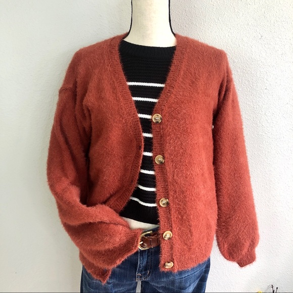 Rust Plush Balloon Pillow Sleeve Cardigan - Picture 1 of 5